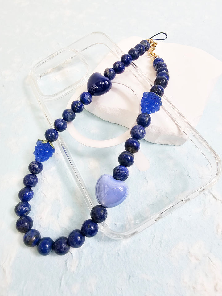 Natural Lapis Lazuli With Raspberry And Hearts Phone Strap PC020