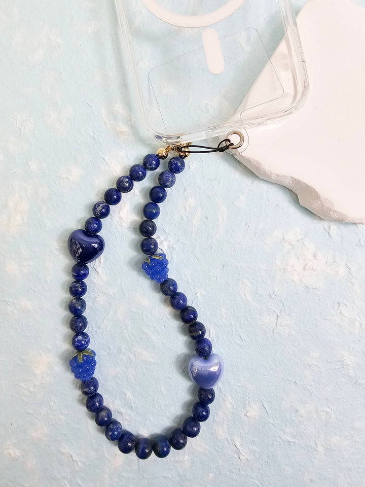 Natural Lapis Lazuli With Raspberry And Hearts Phone Strap PC020