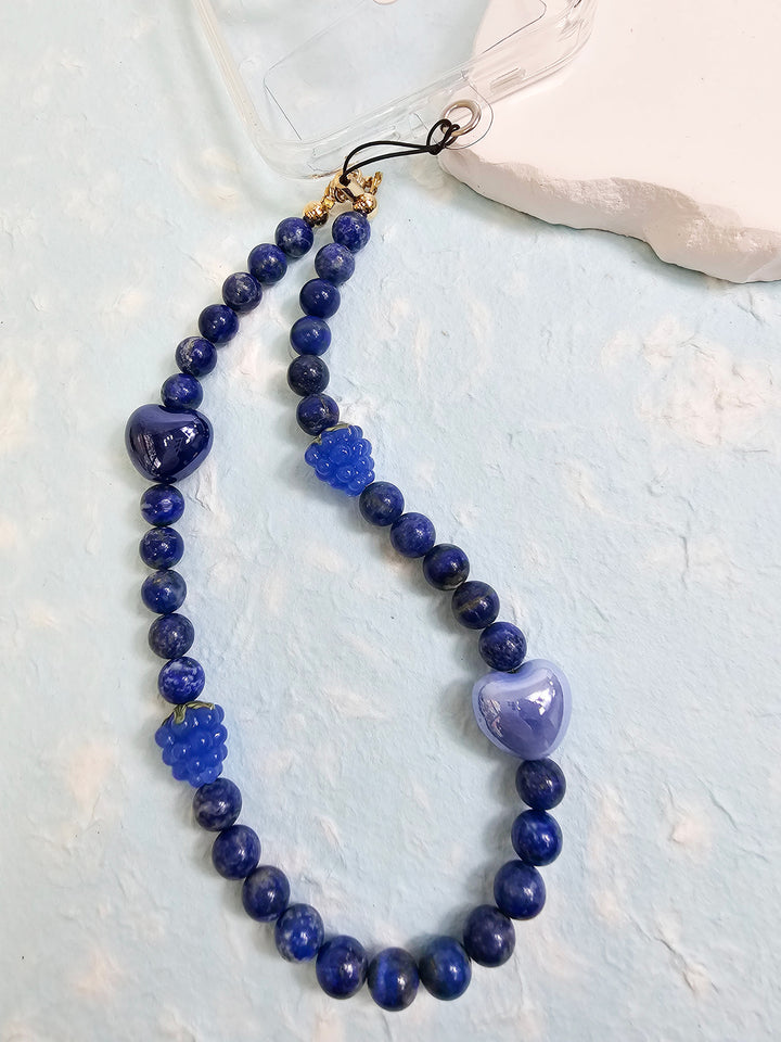 Natural Lapis Lazuli With Raspberry And Hearts Phone Strap PC020