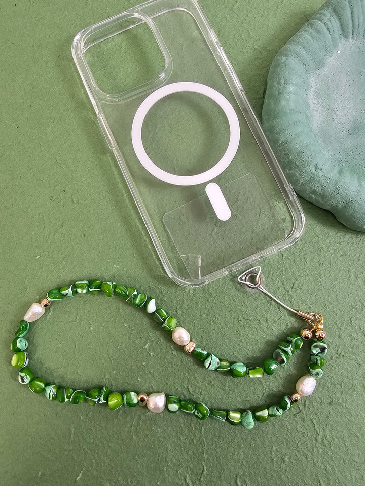 Green Shell With Freshwater Pearls Phone Strap PC011