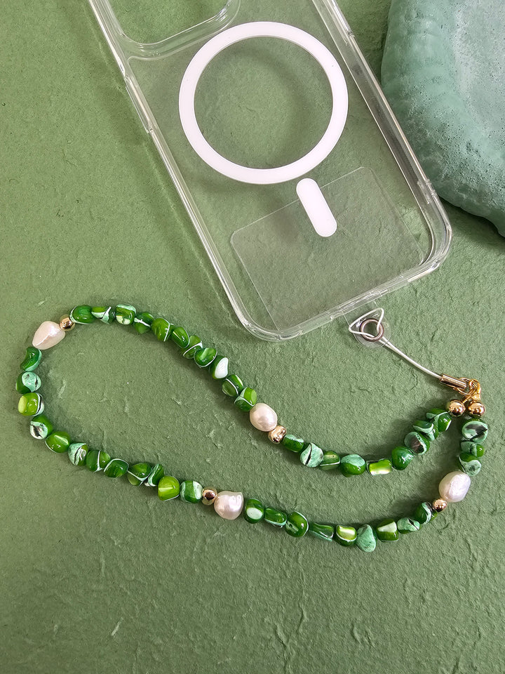 Green Shell With Freshwater Pearls Phone Strap PC011