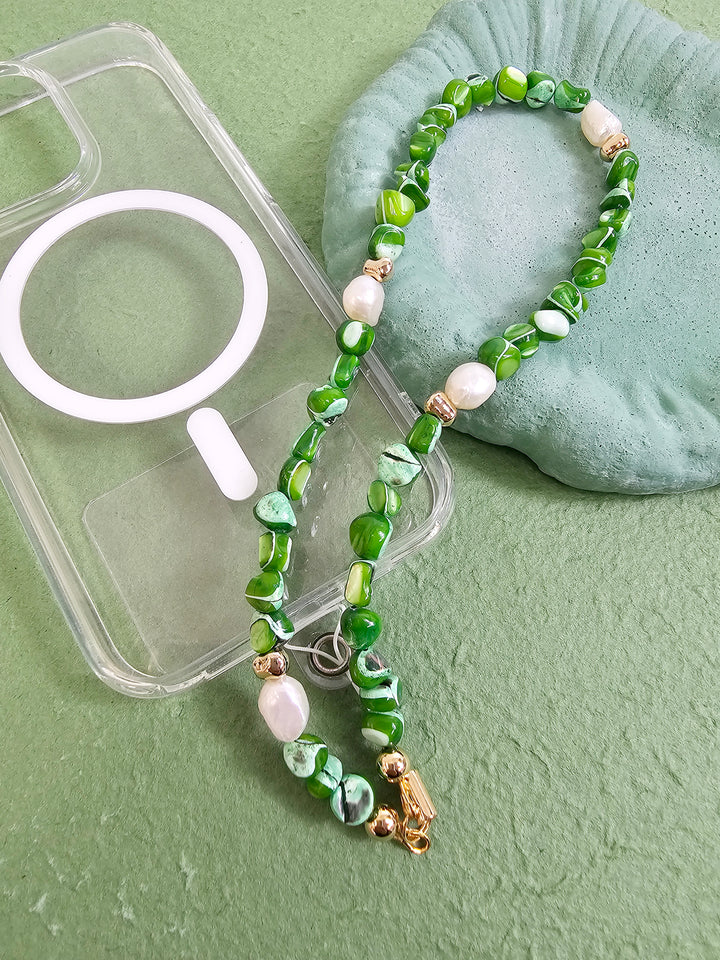 Green Shell With Freshwater Pearls Phone Strap PC011