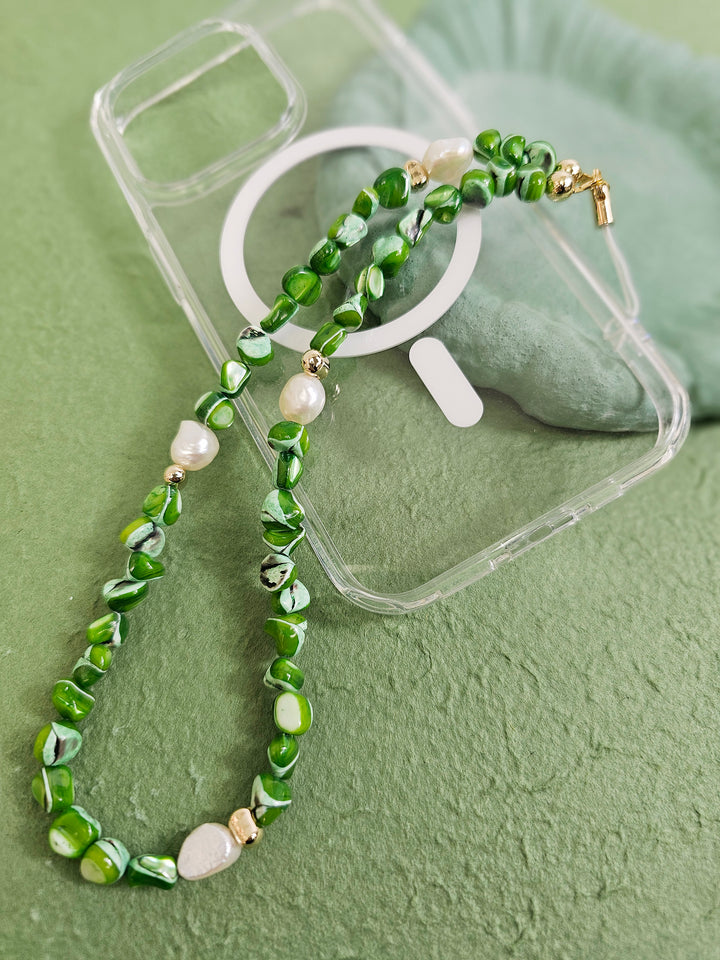 Green Shell With Freshwater Pearls Phone Strap PC011