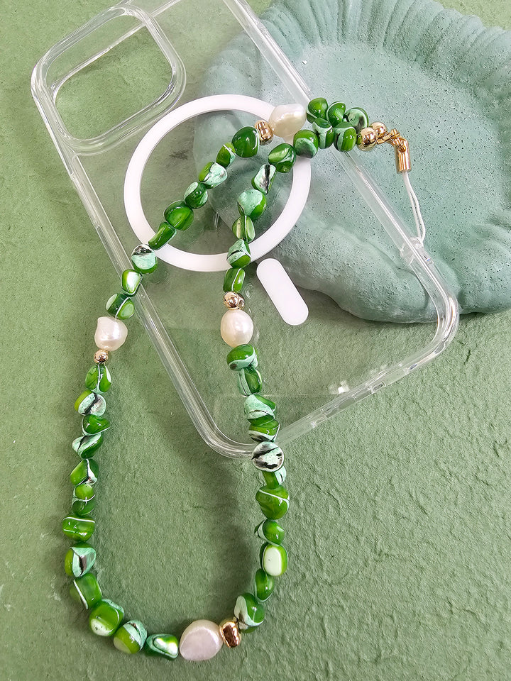 Green Shell With Freshwater Pearls Phone Strap PC011