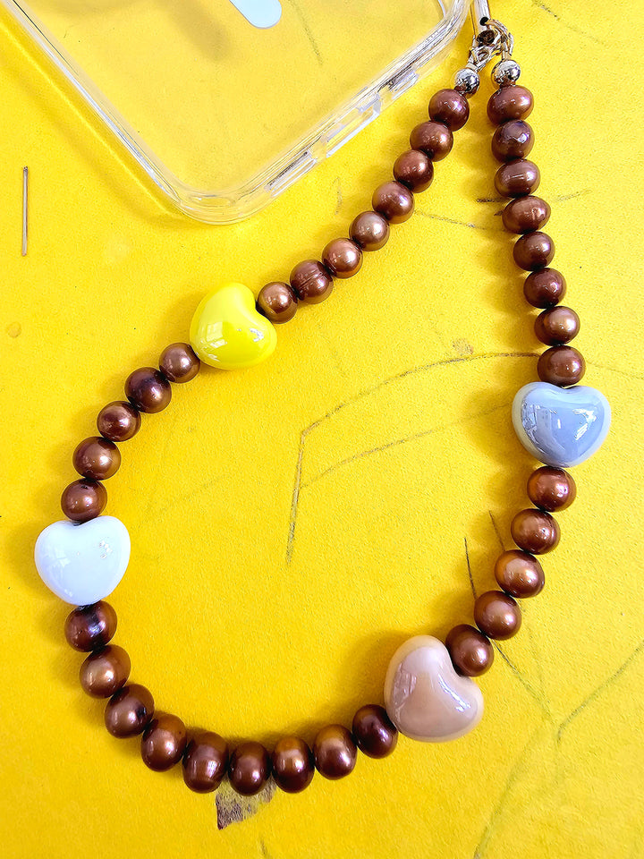 Brown Freshwater Pearls With Hearts Phone Strap PC004