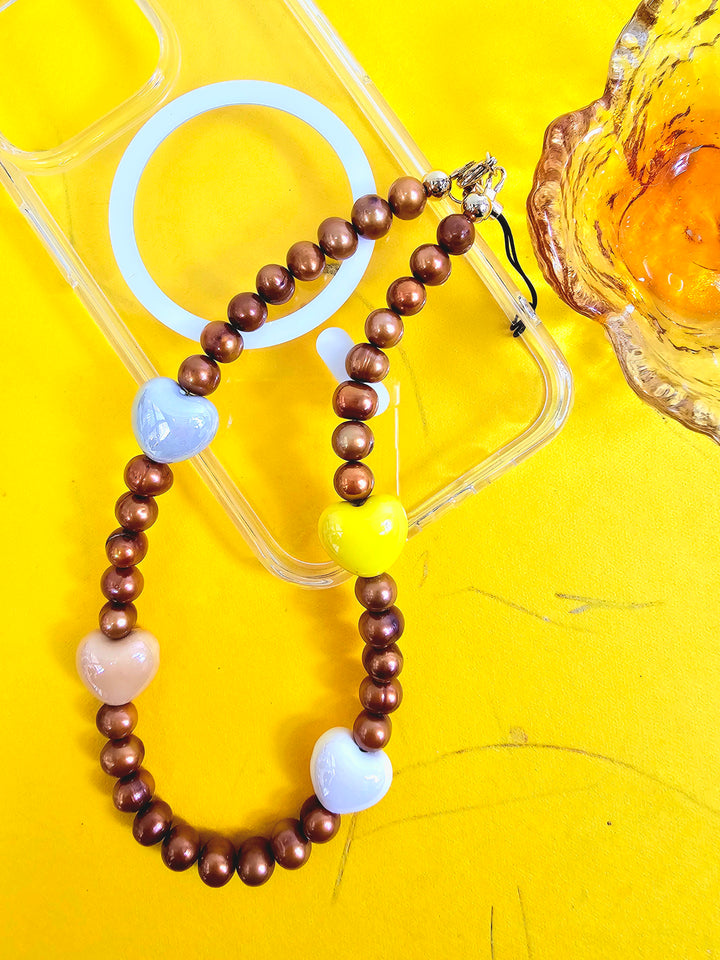 Brown Freshwater Pearls With Hearts Phone Strap PC004