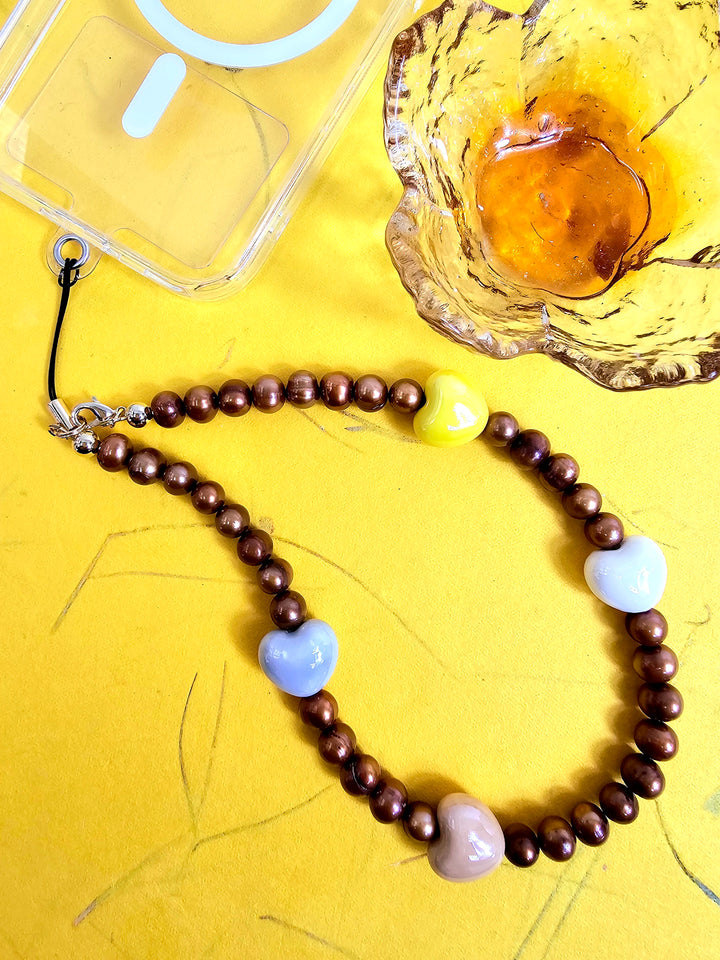 Brown Freshwater Pearls With Hearts Phone Strap PC004