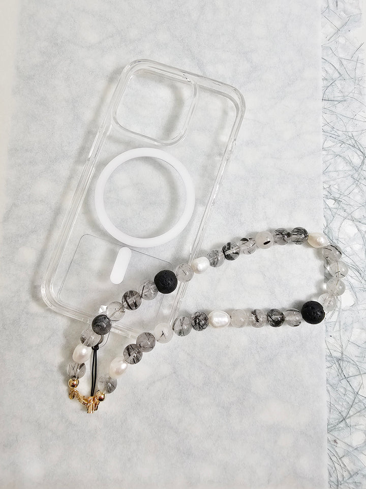 Black Rutilated Quartz With Lava Stone And Pearls Phone Strap PC016