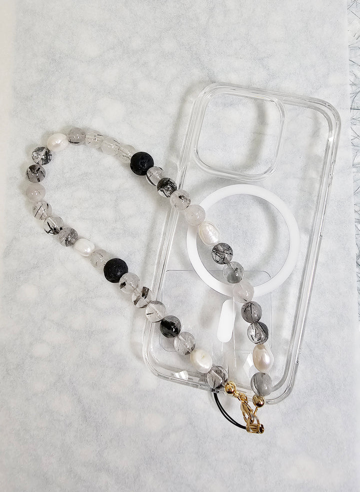 Black Rutilated Quartz With Lava Stone And Pearls Phone Strap PC016