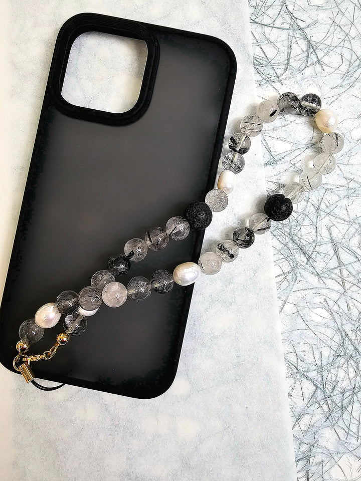 Black Rutilated Quartz With Lava Stone And Pearls Phone Strap PC016