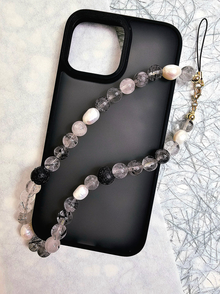 Black Rutilated Quartz With Lava Stone And Pearls Phone Strap PC016