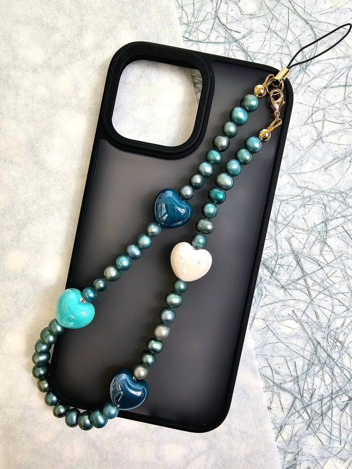 Green Freshwater Pearls With Hearts Phone Strap PC008