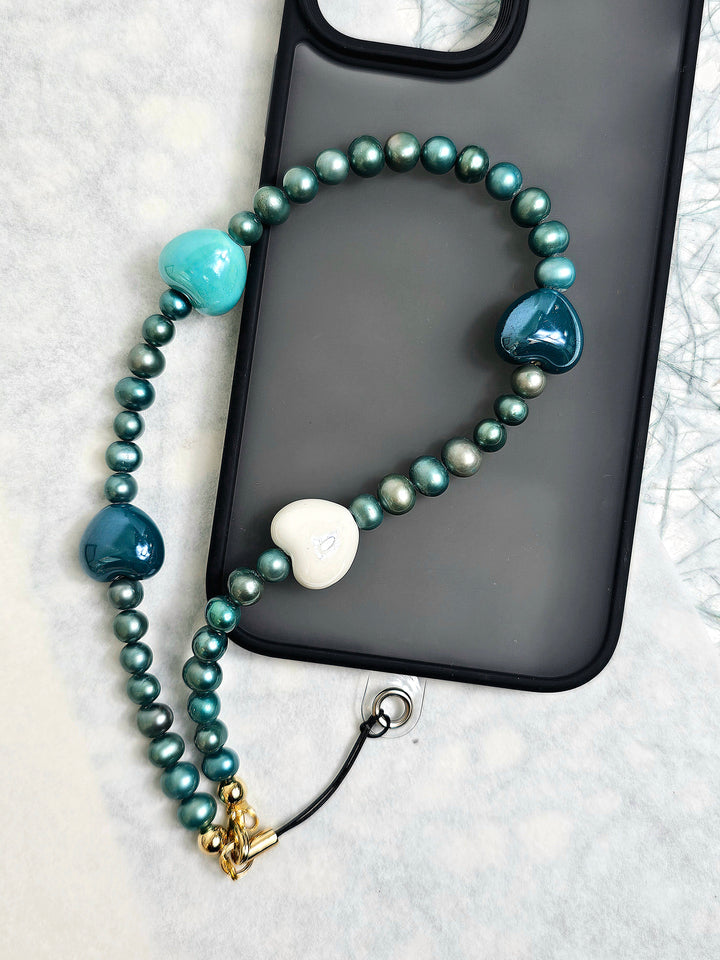 Green Freshwater Pearls With Hearts Phone Strap PC008