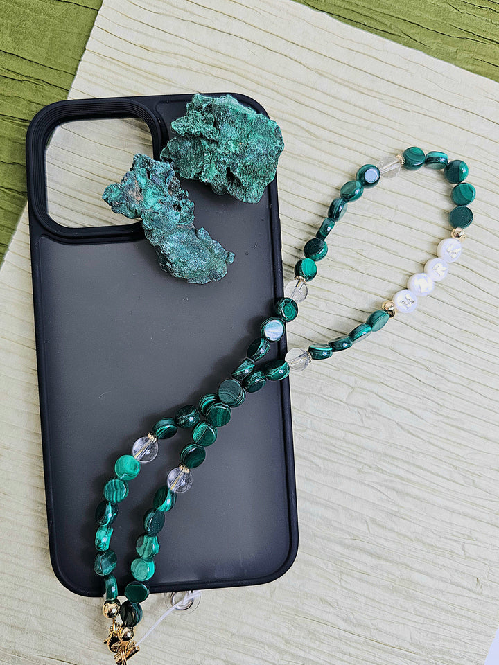 Green Malachite With Customizable Name Phone Strap PC012