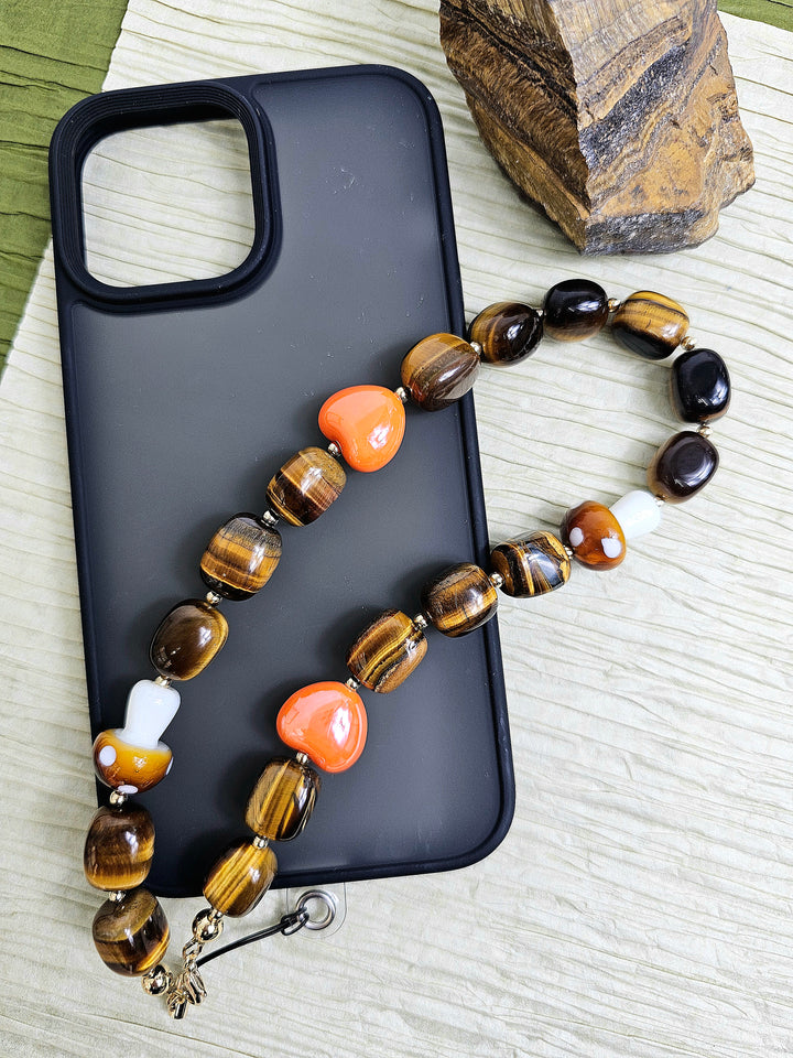 Nugget Tiger-eye With Mushroom And Heart Phone Strap PC024