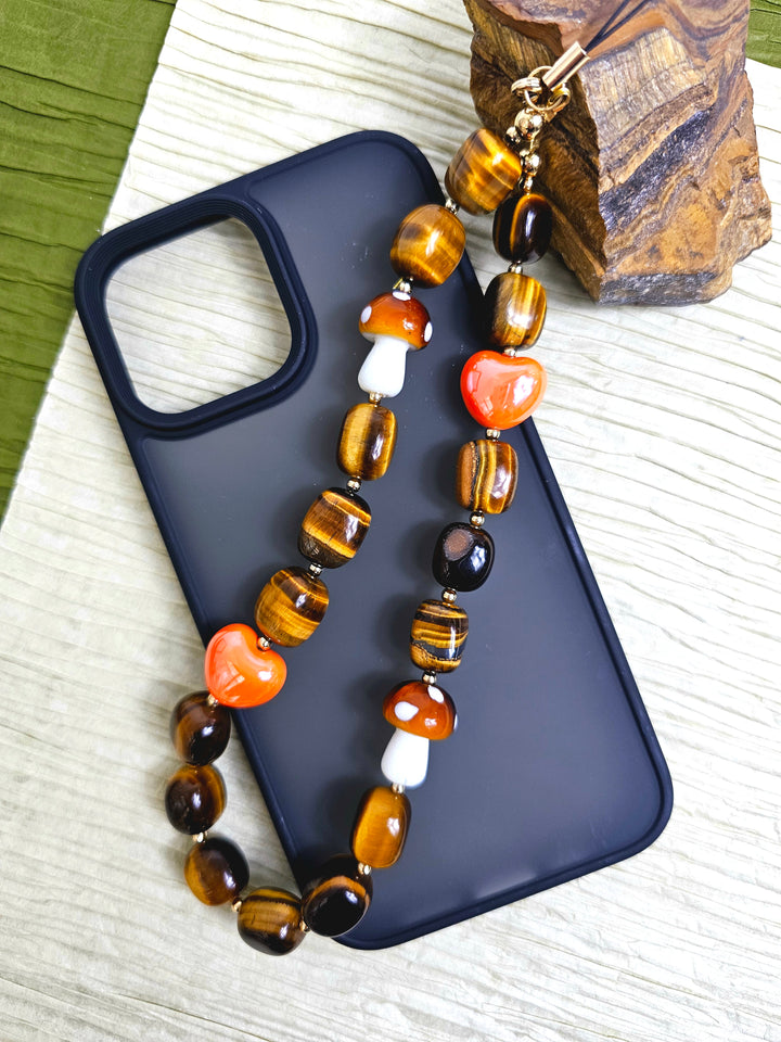 Nugget Tiger-eye With Mushroom And Heart Phone Strap PC024