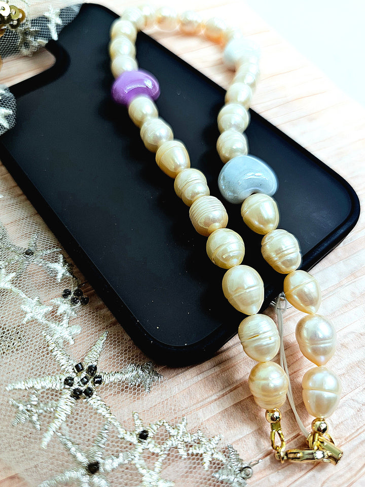Orange Freshwater Pearls With Hearts Phone Strap PC002