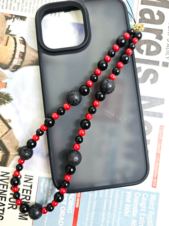 Red Bamboo Coral With Lava Stone Phone Strap PC013