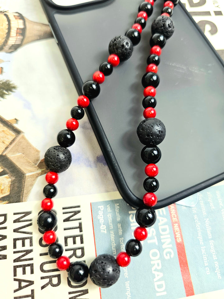 Red Bamboo Coral With Lava Stone Phone Strap PC013