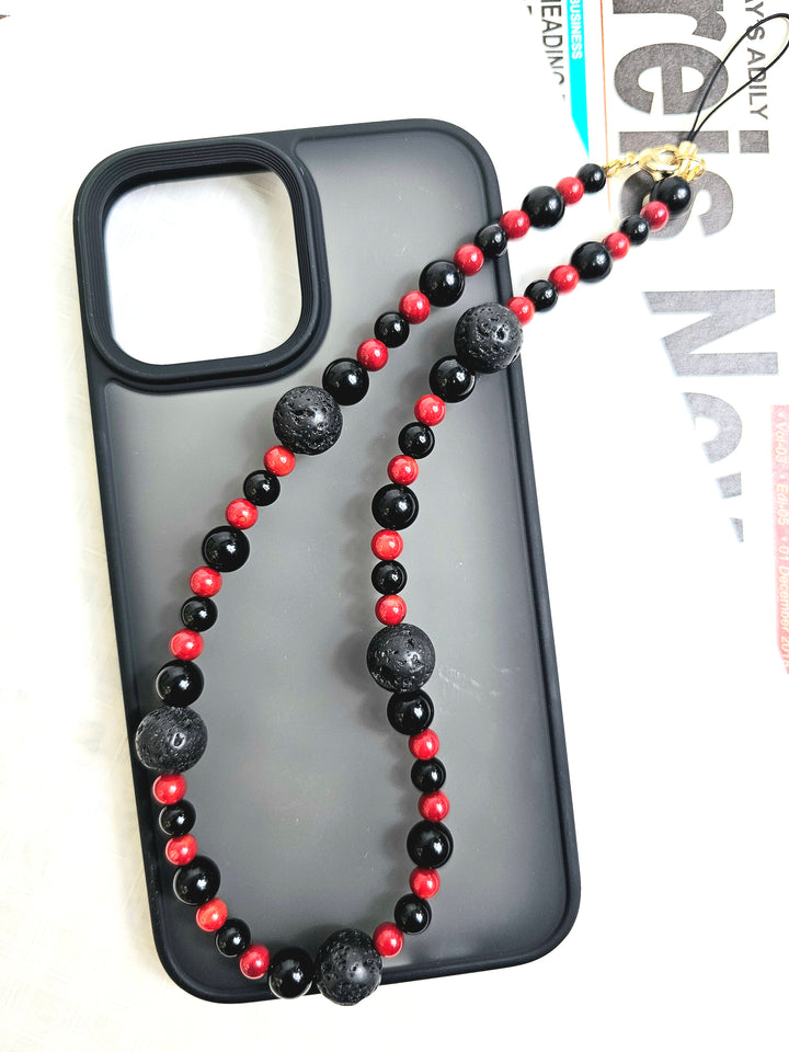 Red Bamboo Coral With Lava Stone Phone Strap PC013