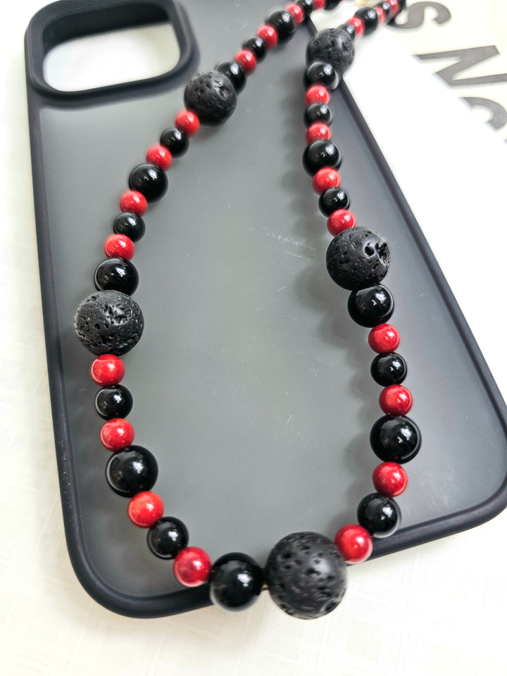 Red Bamboo Coral With Lava Stone Phone Strap PC013