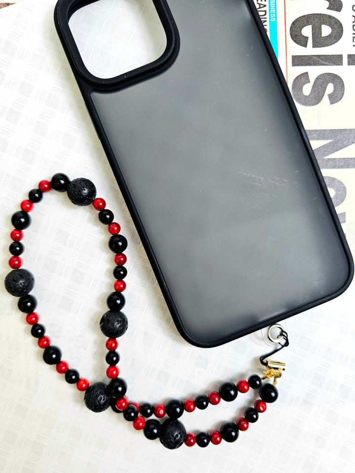 Red Bamboo Coral With Lava Stone Phone Strap PC013