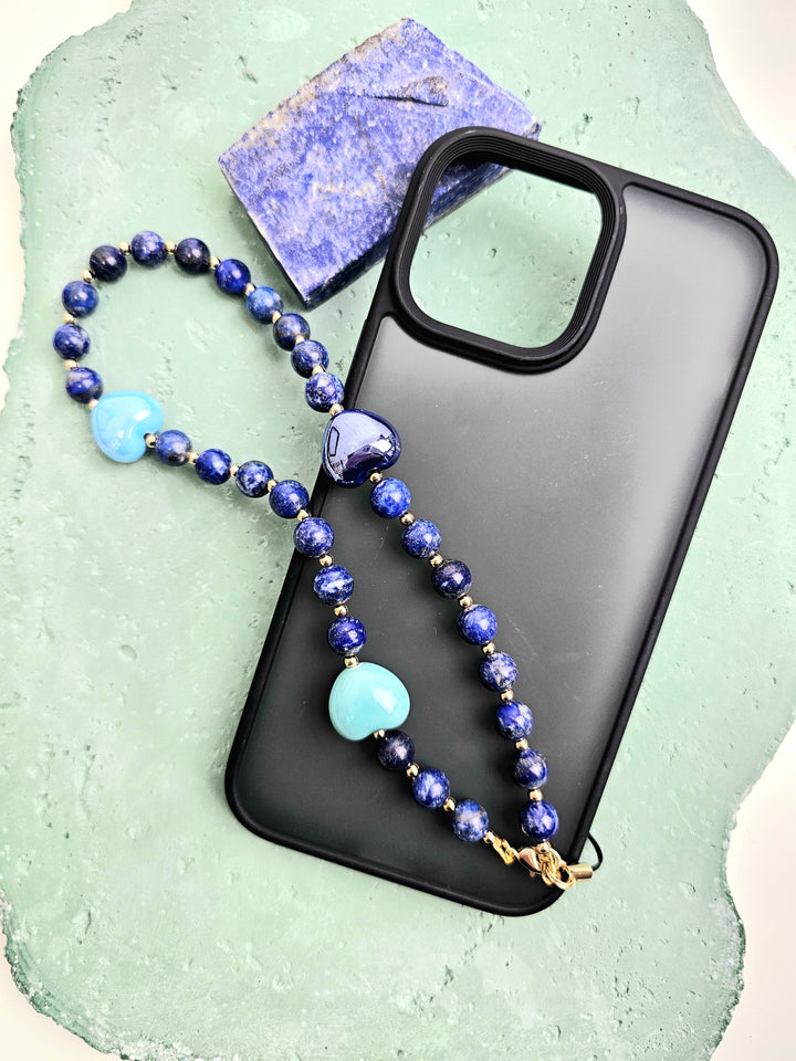 Artistic Lapis With Blue Ceramic Hearts Phone Strap PC026
