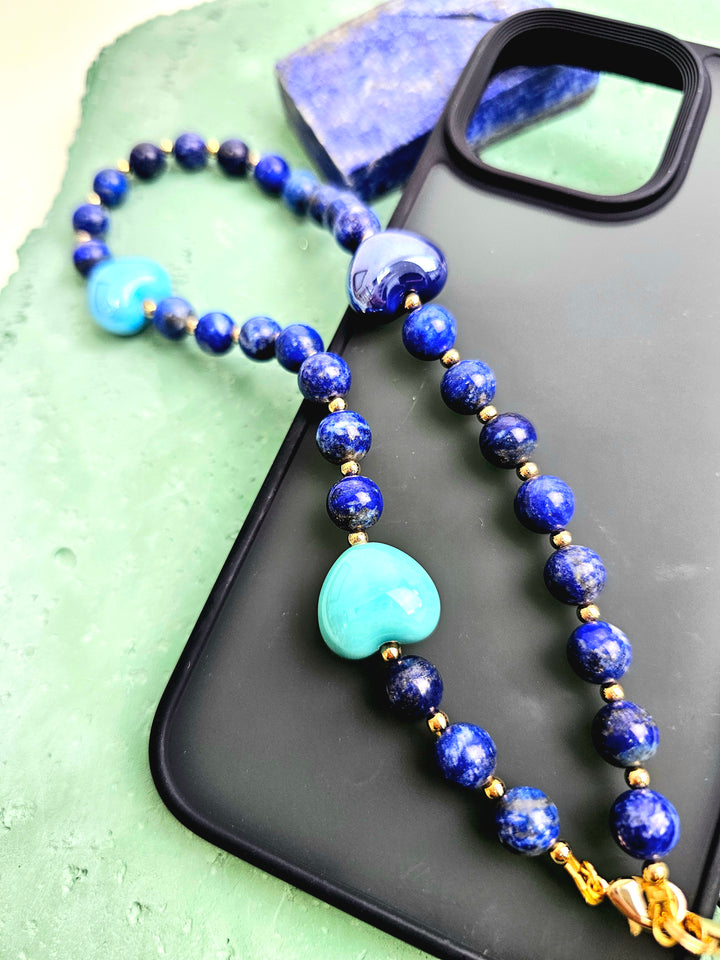 Artistic Lapis With Blue Ceramic Hearts Phone Strap PC026