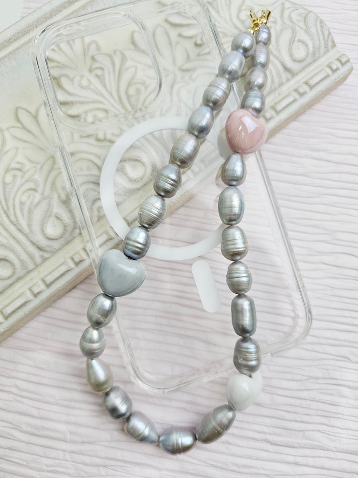 Gray Freshwater Pearls With Pink Hearts Phone Strap PC007