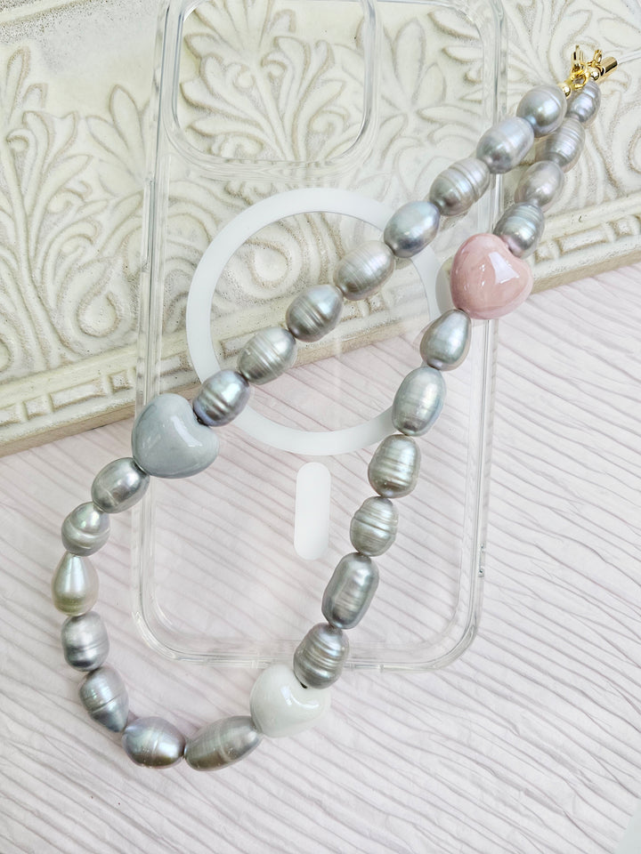 Gray Freshwater Pearls With Pink Hearts Phone Strap PC007