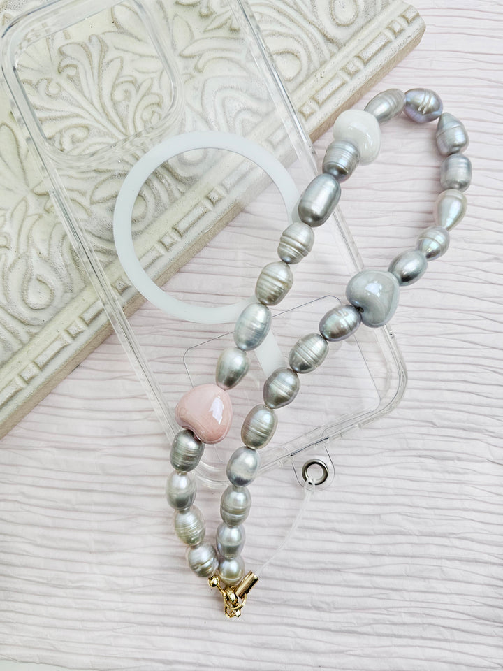 Gray Freshwater Pearls With Pink Hearts Phone Strap PC007