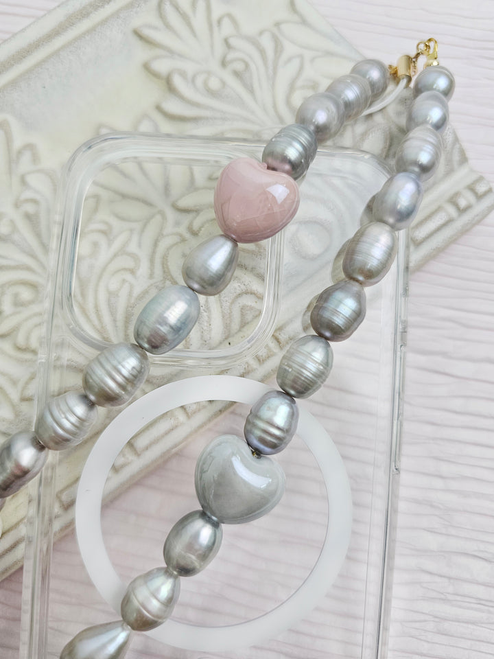 Gray Freshwater Pearls With Pink Hearts Phone Strap PC007