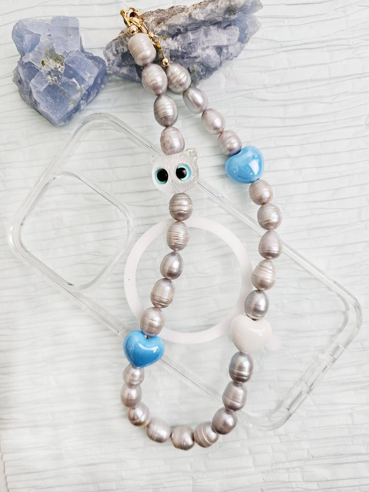 Gray Freshwater Pearls With Cat And Blue Heart Phone Strap PC003