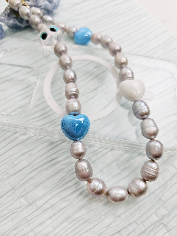 Gray Freshwater Pearls With Cat And Blue Heart Phone Strap PC003