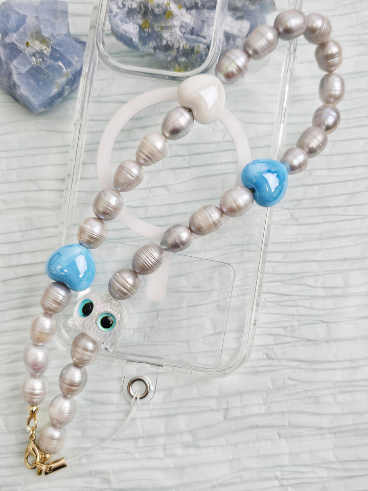 Gray Freshwater Pearls With Cat And Blue Heart Phone Strap PC003
