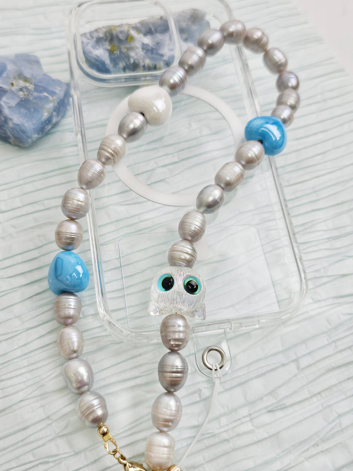 Gray Freshwater Pearls With Cat And Blue Heart Phone Strap PC003