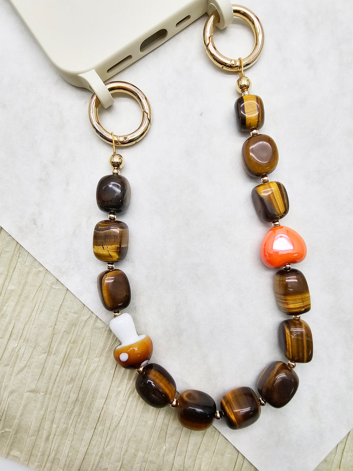 Nugget Tiger-eye Stone With Mushroom And Heart Short Phone Strap PC025