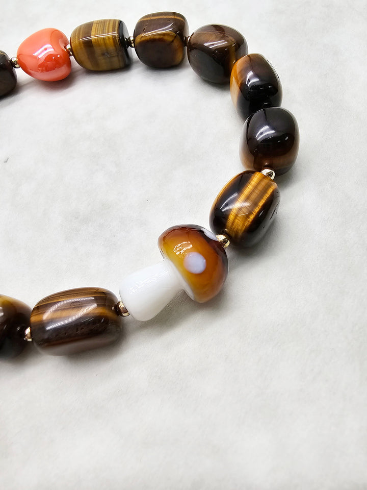 Nugget Tiger-eye Stone With Mushroom And Heart Short Phone Strap PC025