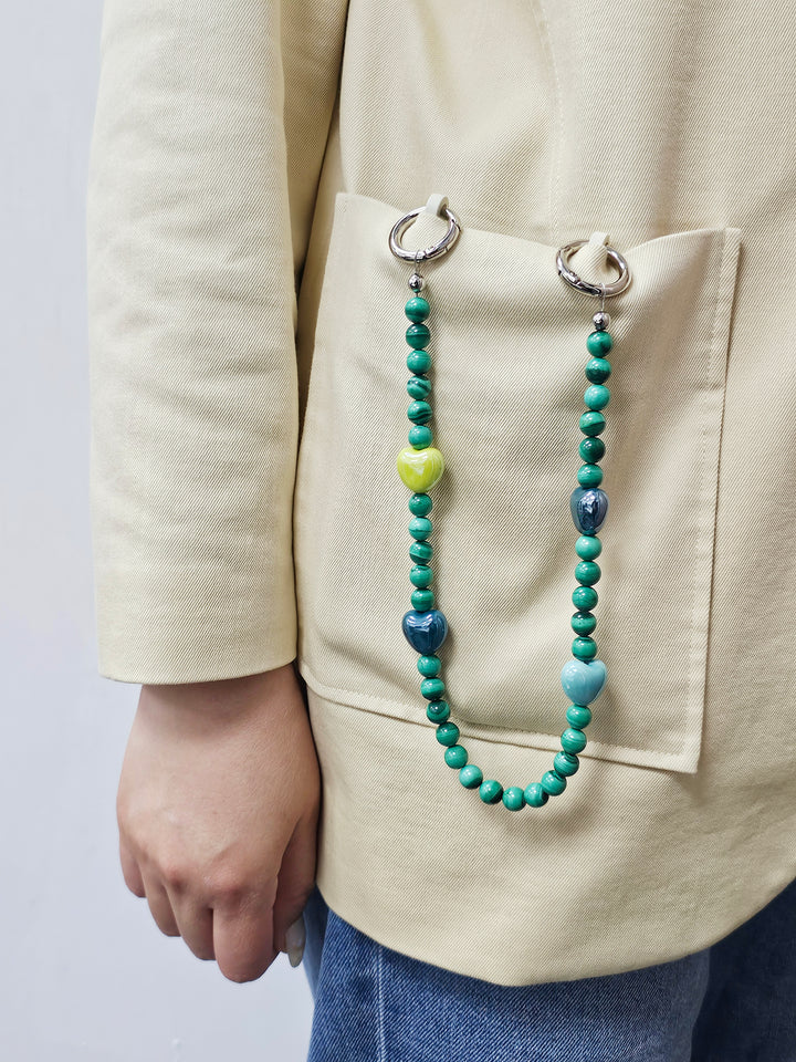 Malachite With Yellow And Green Ceramic Hearts Phone Charm PC033