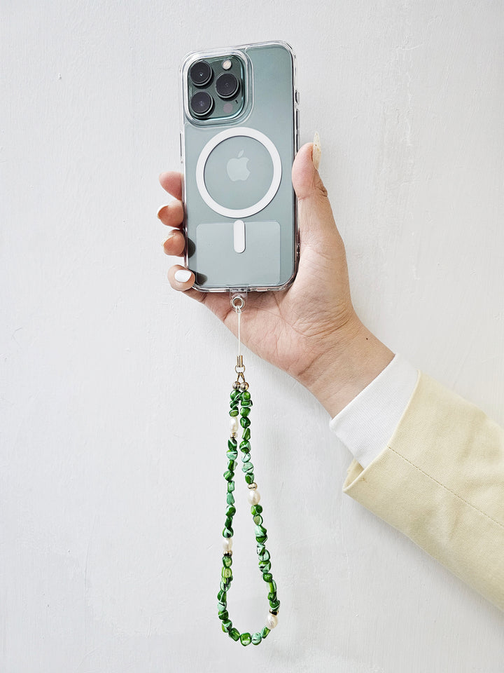 Green Shell With Freshwater Pearls Phone Strap PC011