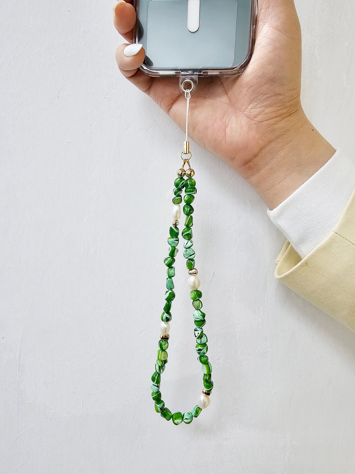 Green Shell With Freshwater Pearls Phone Strap PC011