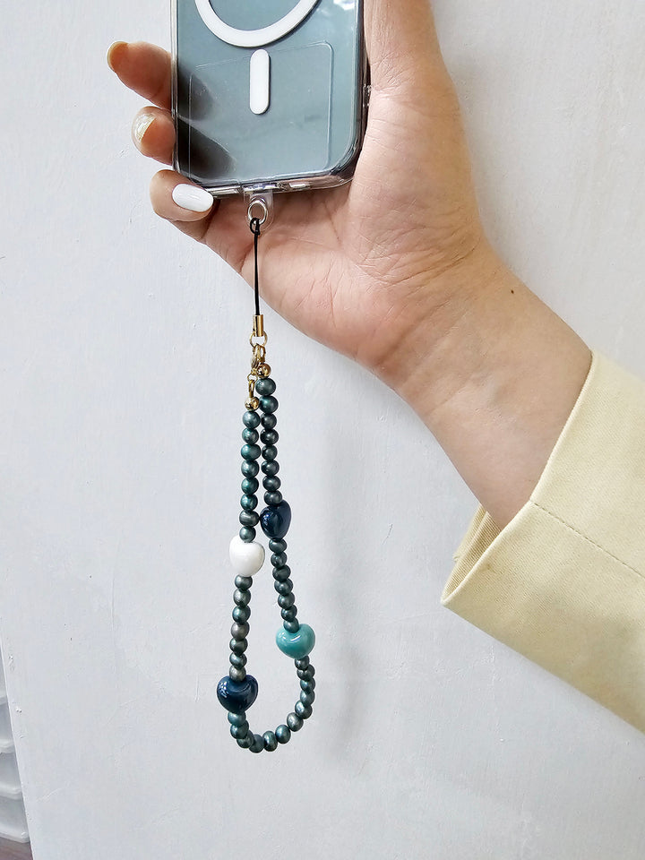 Green Freshwater Pearls With Hearts Phone Strap PC008