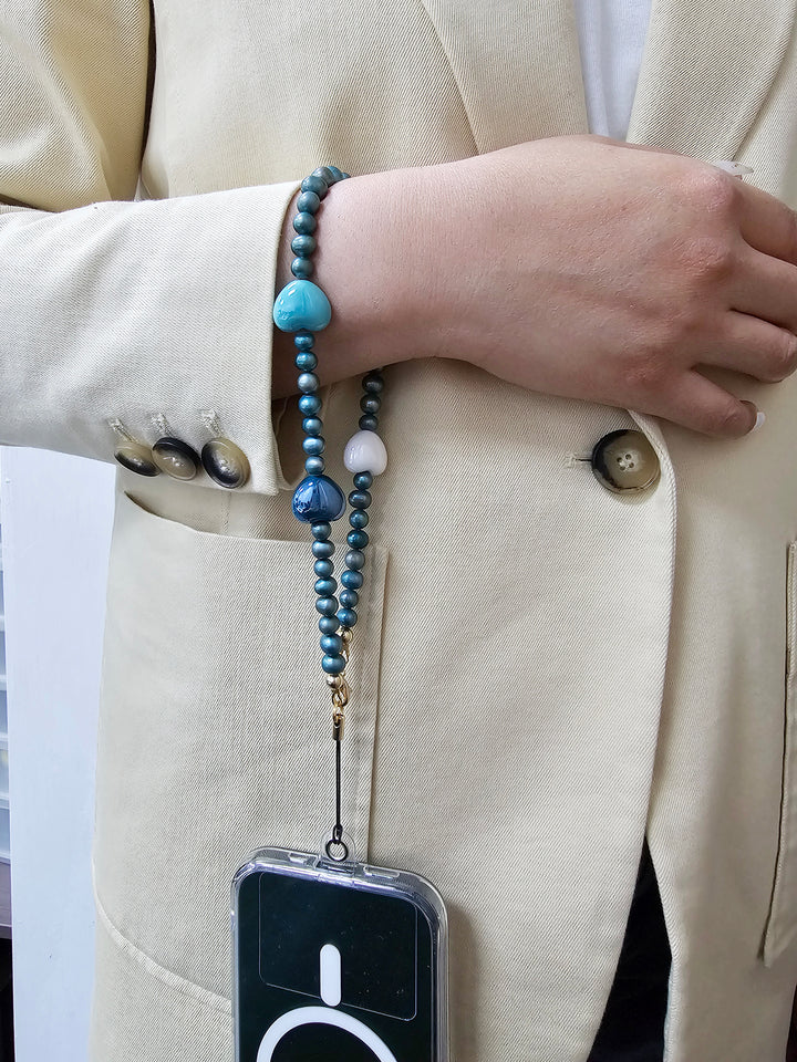 Green Freshwater Pearls With Hearts Phone Strap PC008