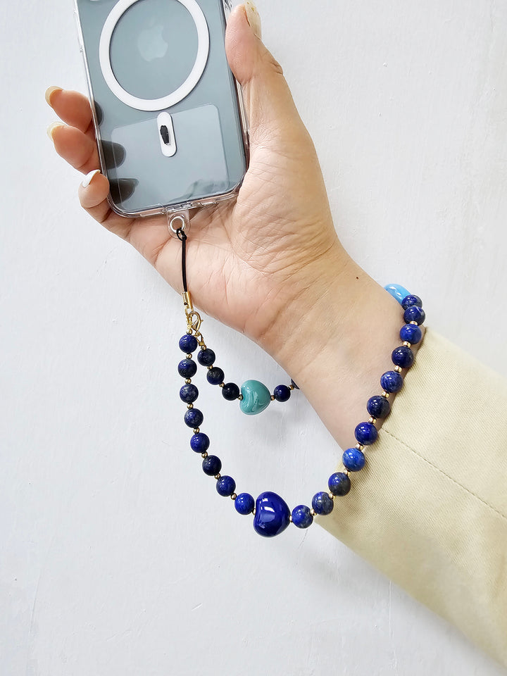 Artistic Lapis With Blue Ceramic Hearts Phone Strap PC026