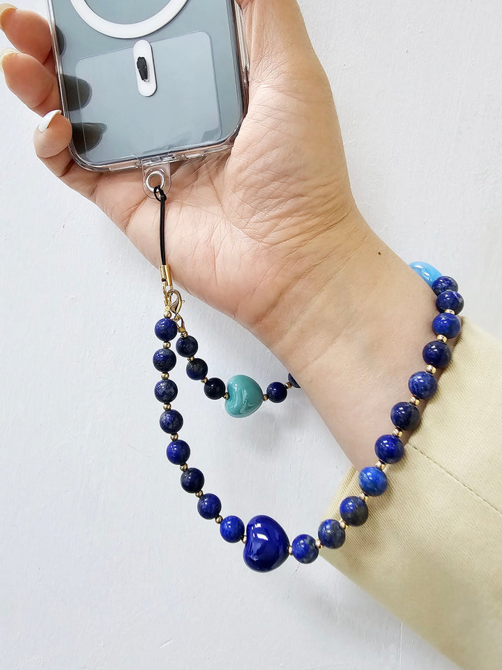 Artistic Lapis With Blue Ceramic Hearts Phone Strap PC026