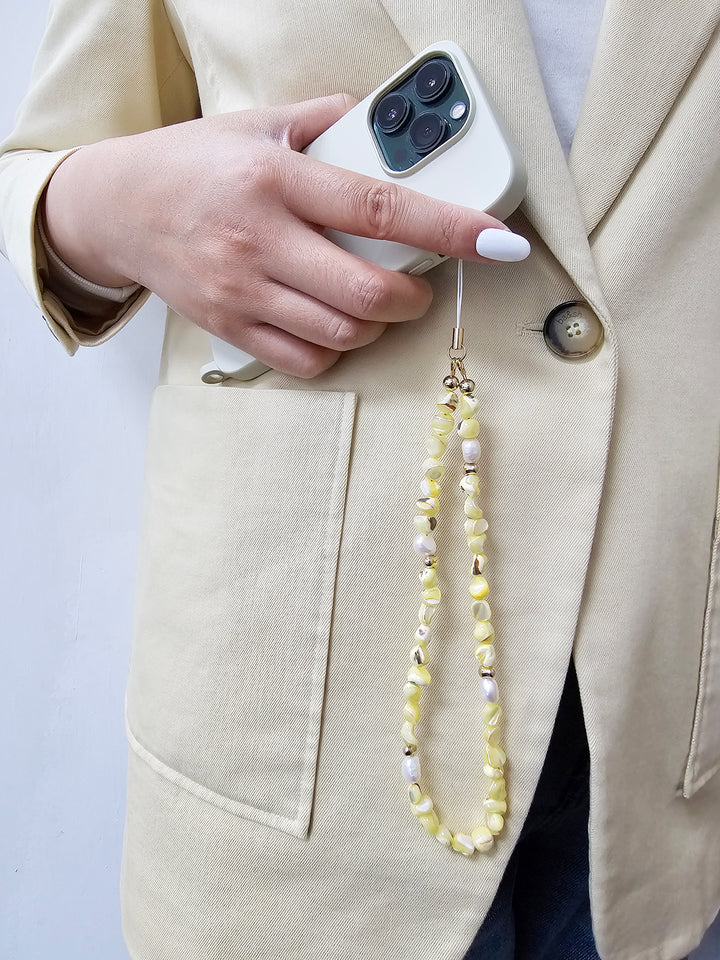 Yellow Natural Shell With Freshwater Pearls Phone Strap PC001