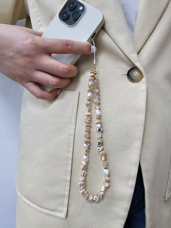 Brown Color Natural Shell With Freshwater Pearls Phone Strap PC036
