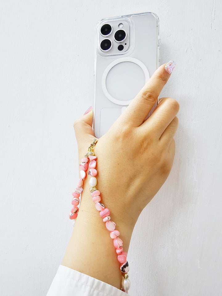 Pink Shell With Freshwater Pearls Phone Strap PC035