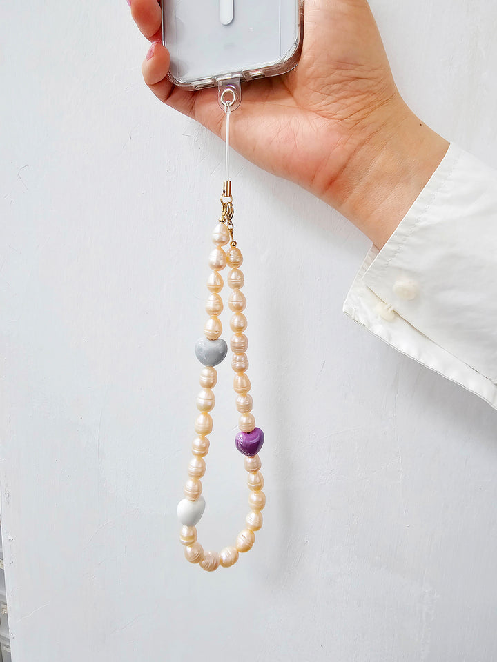 Orange Freshwater Pearls With Hearts Phone Strap PC002