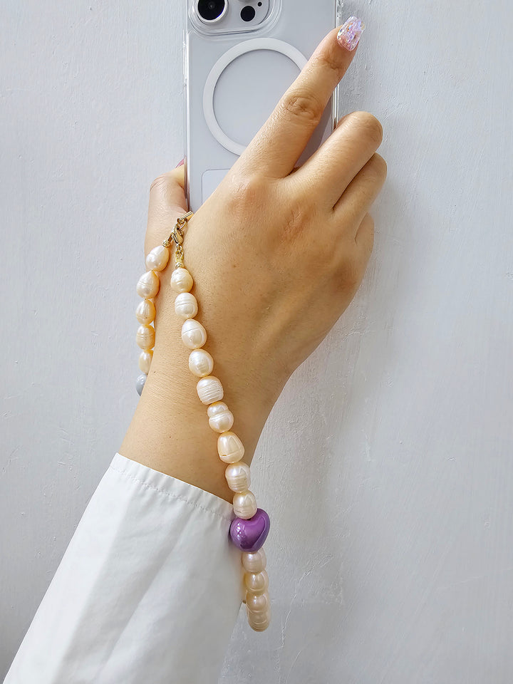 Orange Freshwater Pearls With Hearts Phone Strap PC002